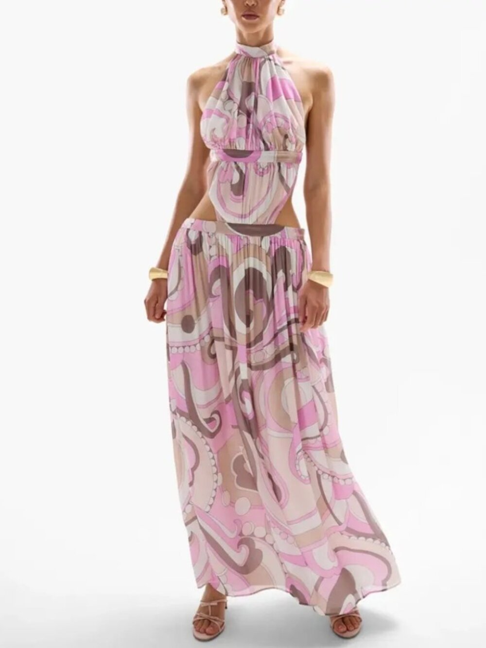Cin Cin Rosette Maxi Dress Pink Brown Antibes Halter Backless Cut Out Resort XS